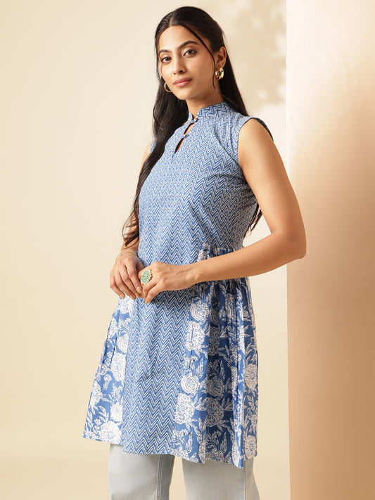 Sky Blue Stripes Print A-Line Cotton Tunic Top