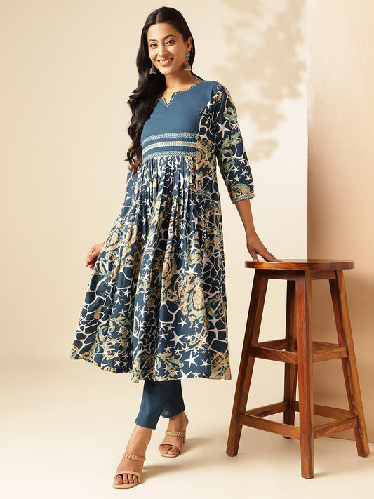 Indigo Blue Cotton Geometric Print Anarkali Kurta Set