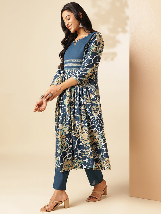 Indigo Blue Cotton Geometric Print Anarkali Kurta Set