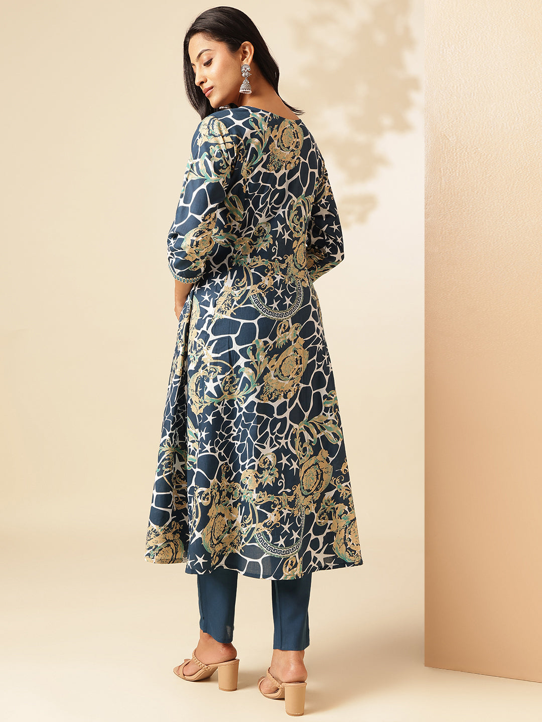 Indigo Blue Cotton Geometric Print Anarkali Kurta Set