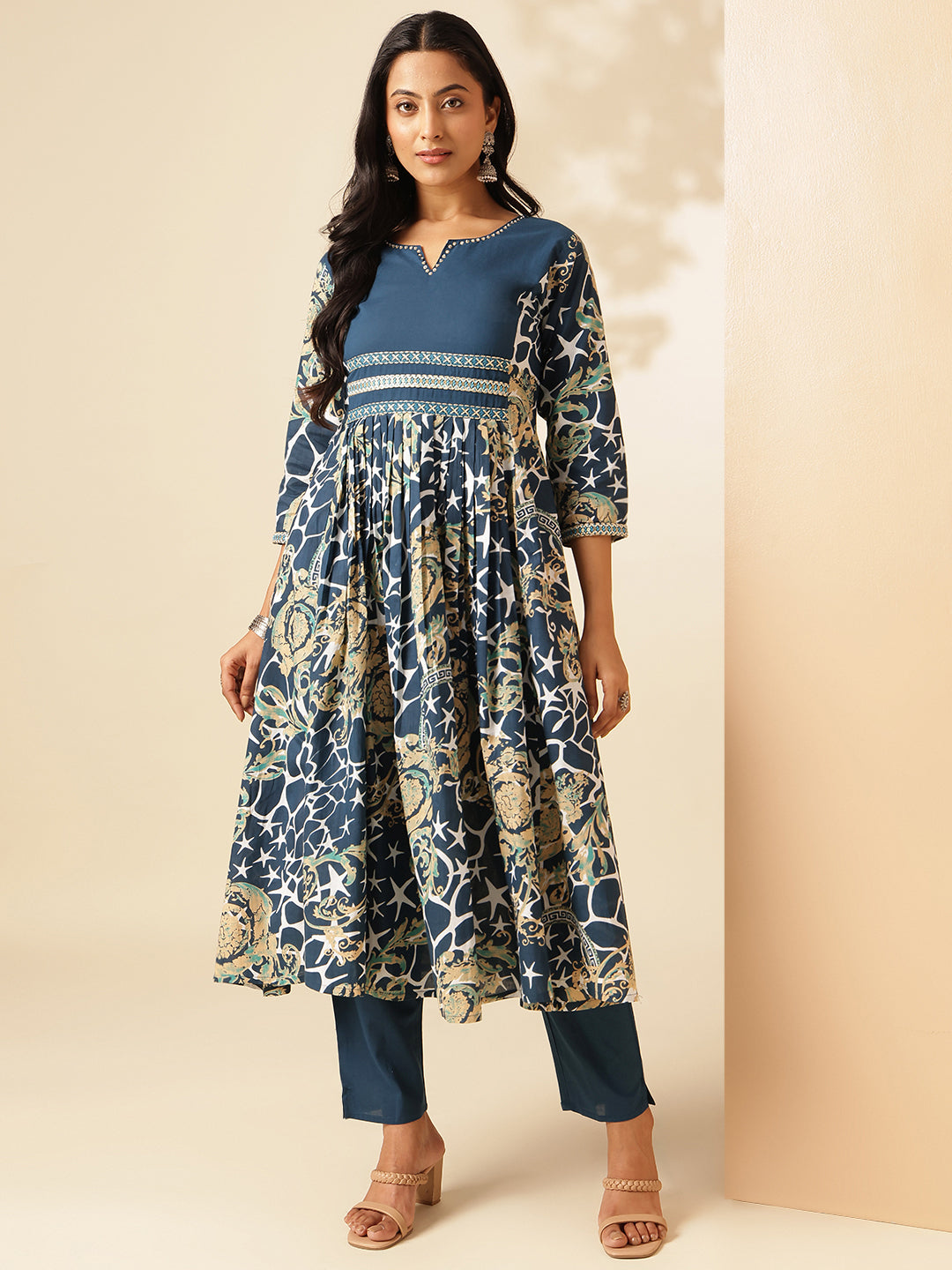 Indigo Blue Cotton Geometric Print Anarkali Kurta Set