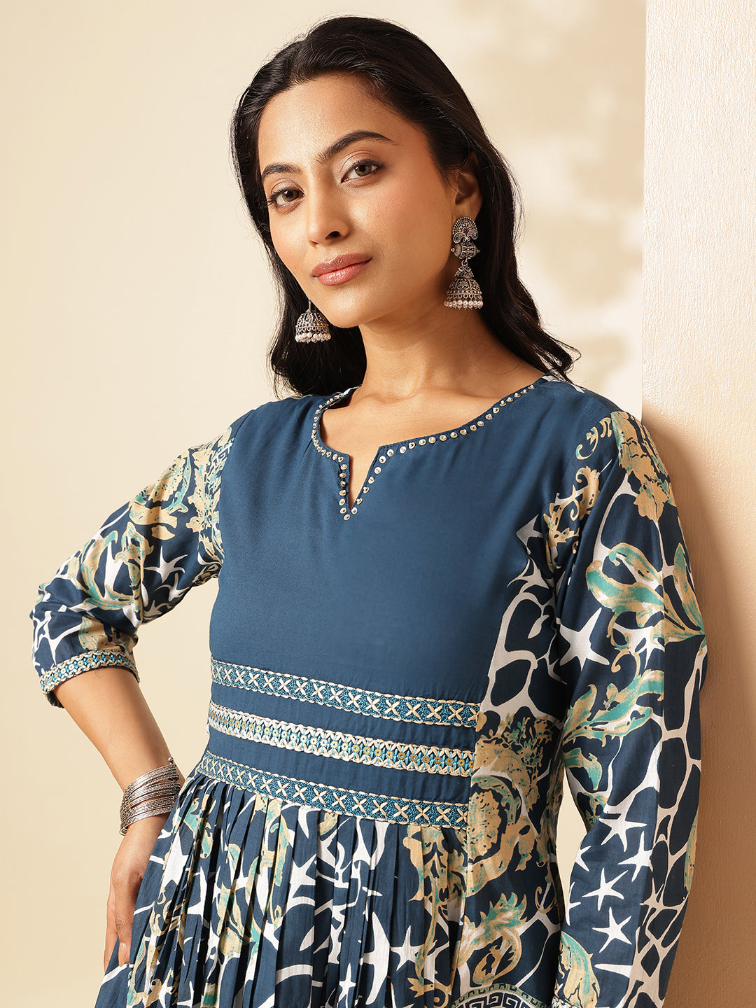 Indigo Blue Cotton Geometric Print Anarkali Kurta Set