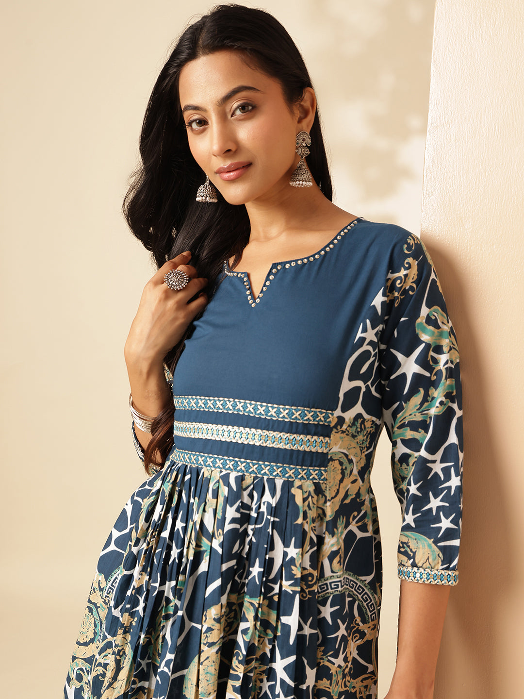 Indigo Blue Cotton Geometric Print Anarkali Kurta Set