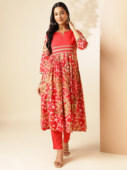 Red Cotton Geometric Print Anarkali Kurta Set