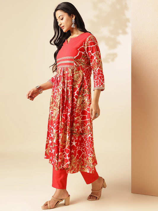 Red Cotton Geometric Print Anarkali Kurta Set