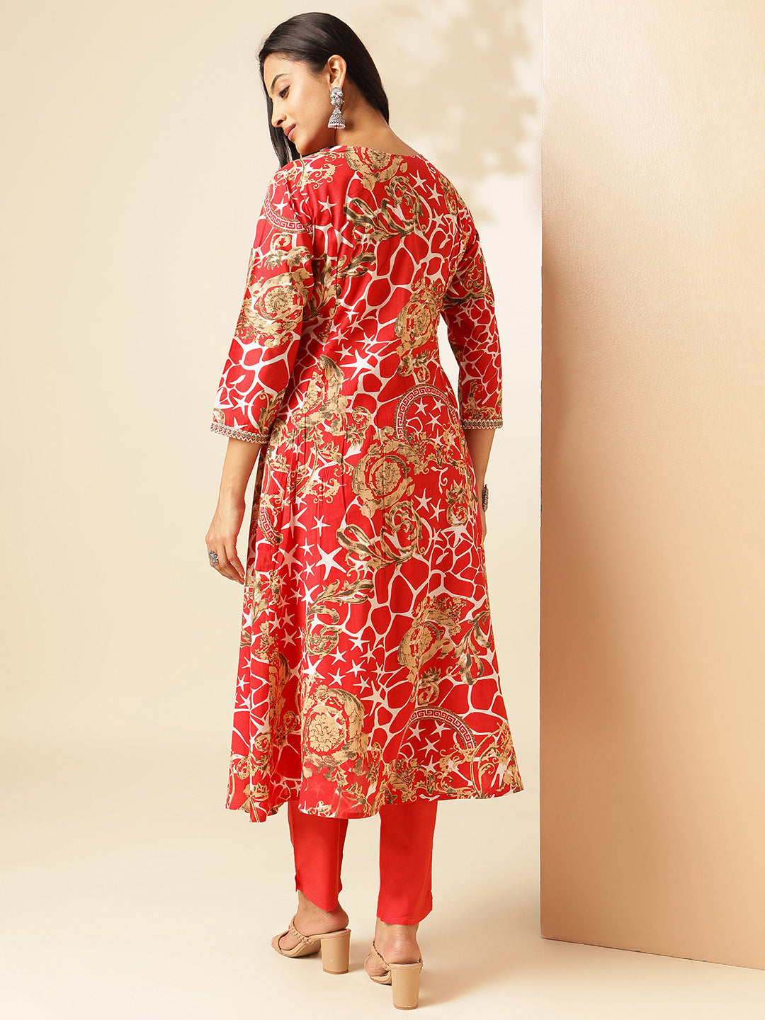 Red Cotton Geometric Print Anarkali Kurta Set