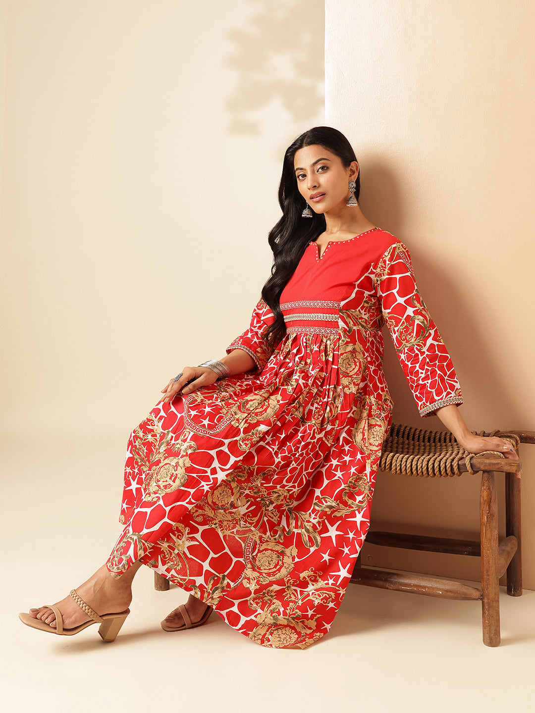 Red Cotton Geometric Print Anarkali Kurta Set