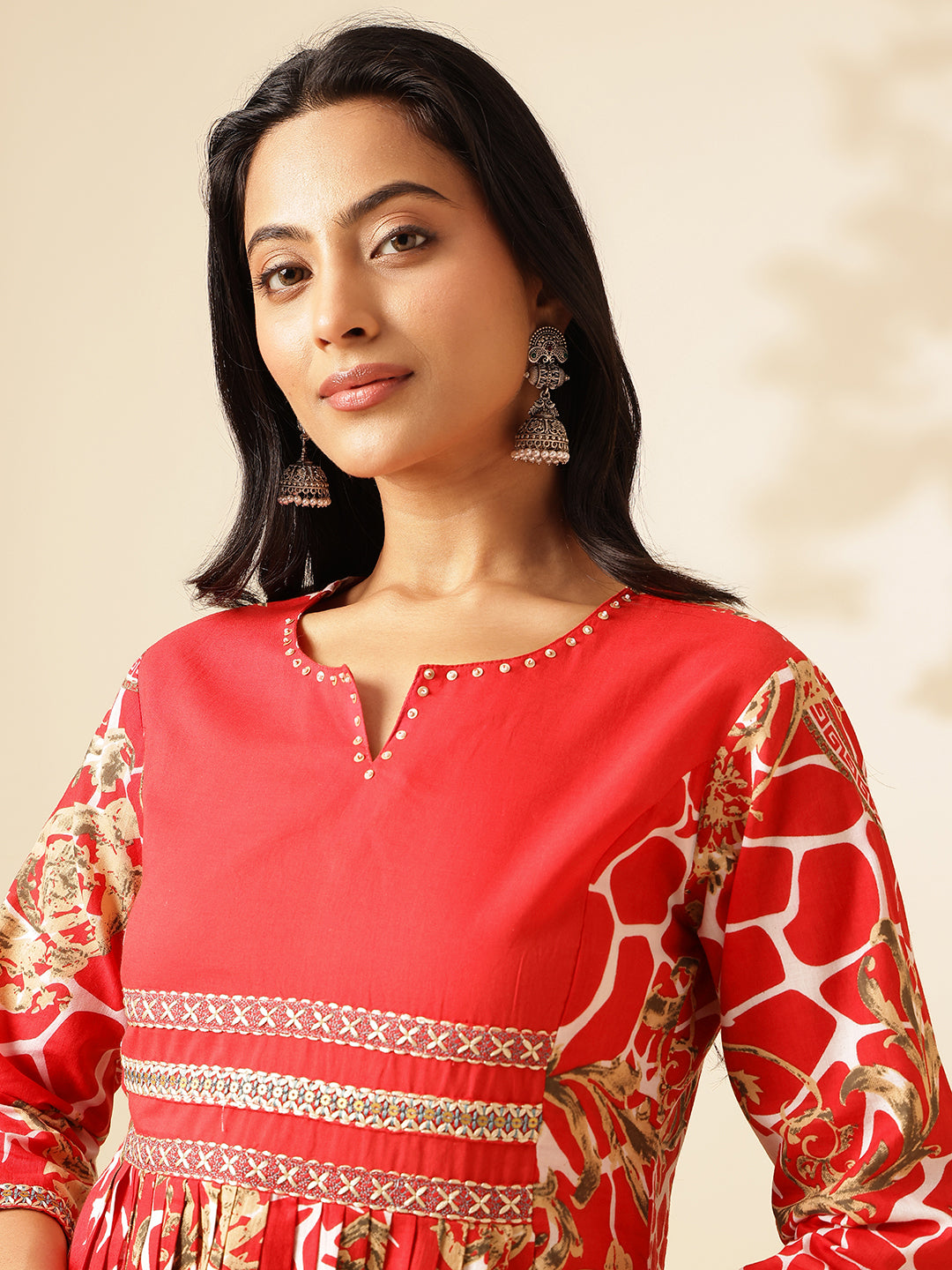 Red Cotton Geometric Print Anarkali Kurta Set