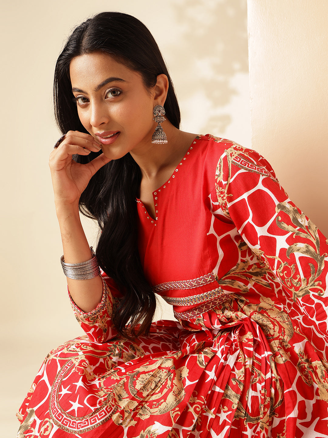 Red Cotton Geometric Print Anarkali Kurta Set