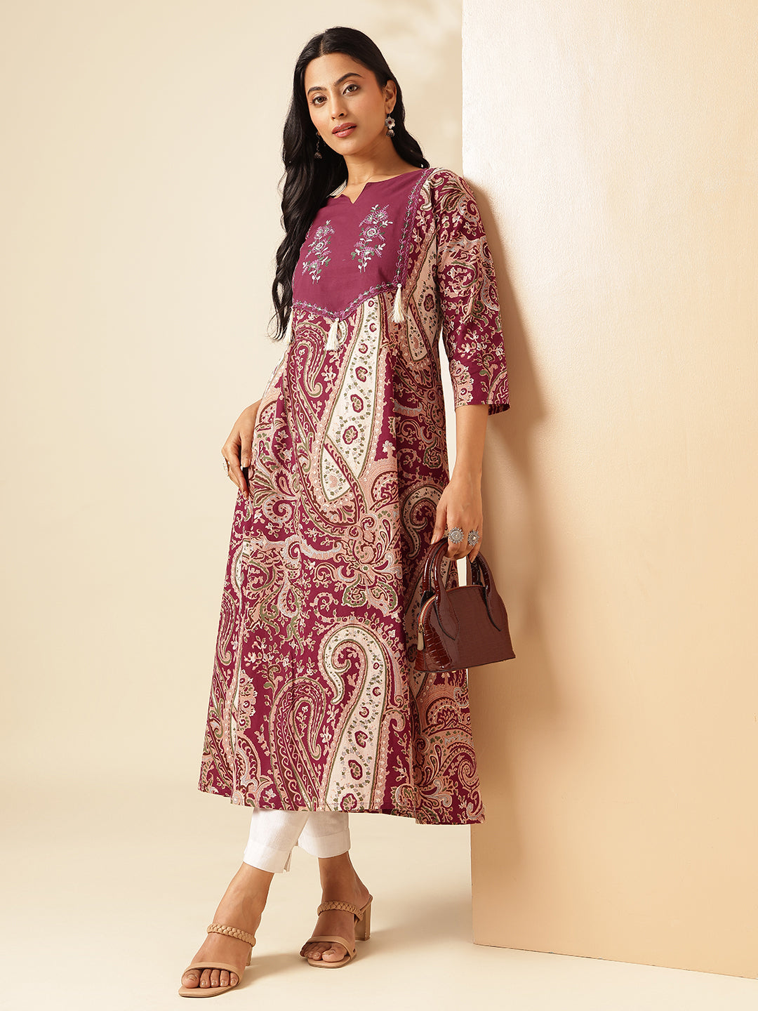 Wine Paisley Printed Anarkali Cotton Kurta