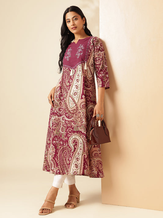 Wine Paisley Printed Anarkali Cotton Kurta