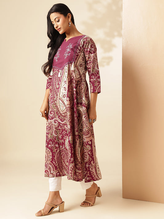 Wine Paisley Printed Anarkali Cotton Kurta