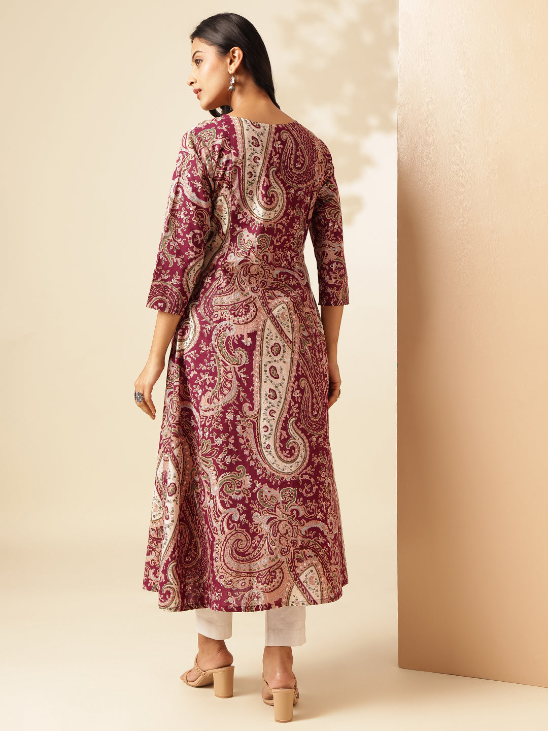 Wine Paisley Printed Anarkali Cotton Kurta