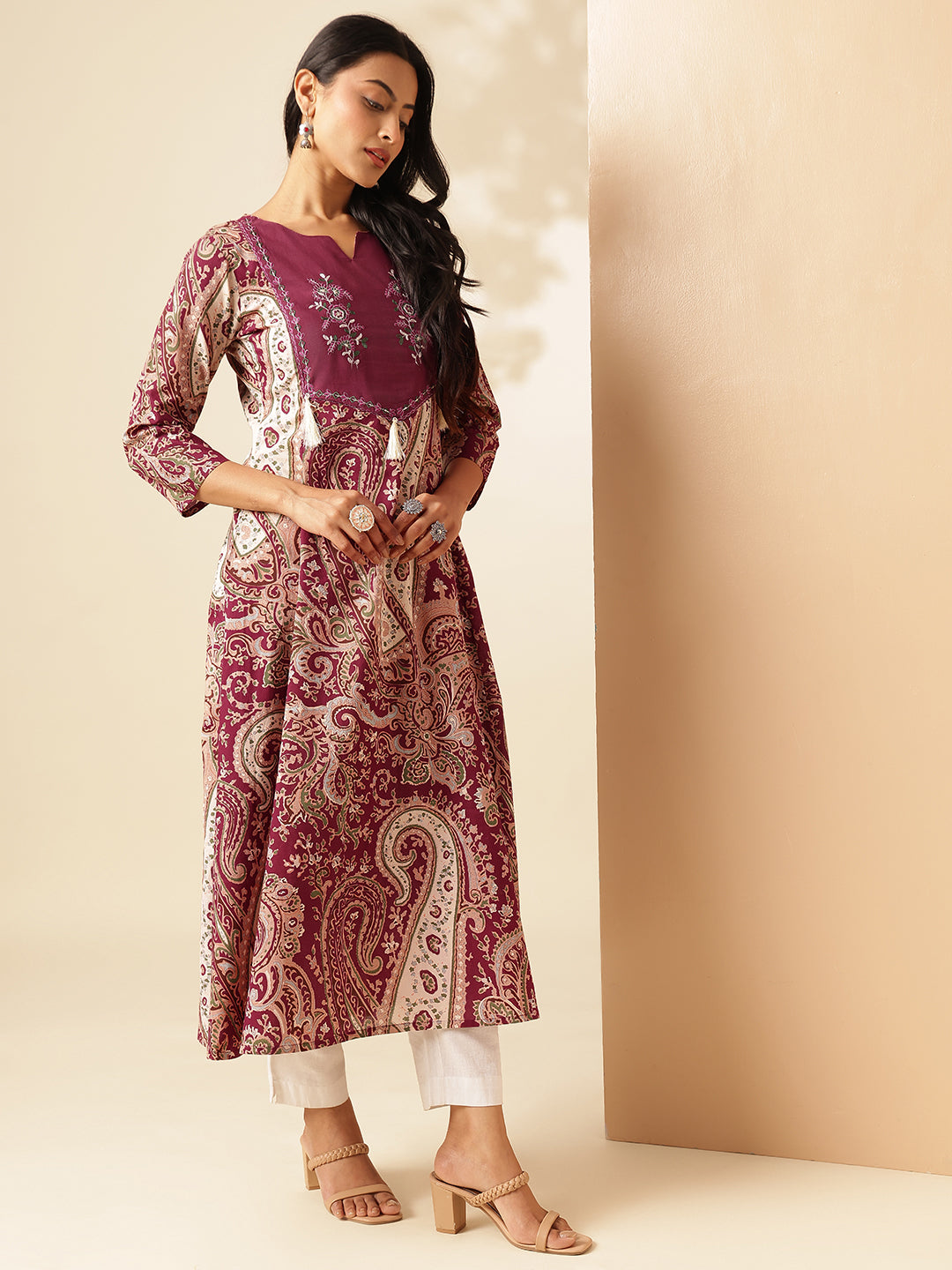 Wine Paisley Printed Anarkali Cotton Kurta