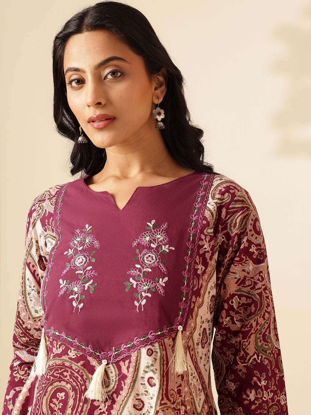 Wine Paisley Printed Anarkali Cotton Kurta