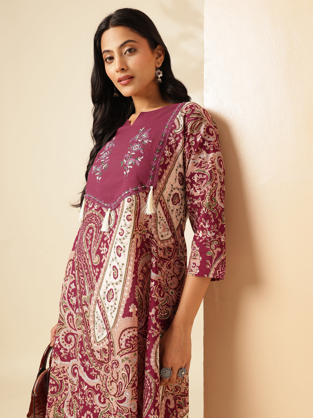 Wine Paisley Printed Anarkali Cotton Kurta