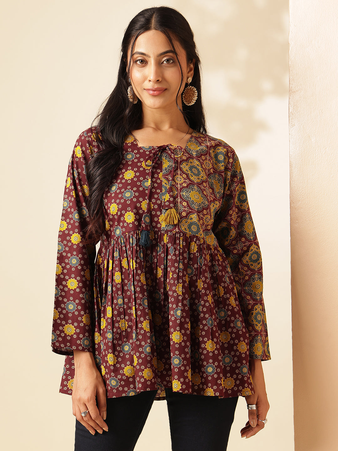 Maroon Geometric Print Flared Cotton Tunic Top