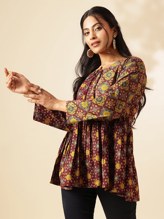 Maroon Geometric Print Flared Cotton Tunic Top