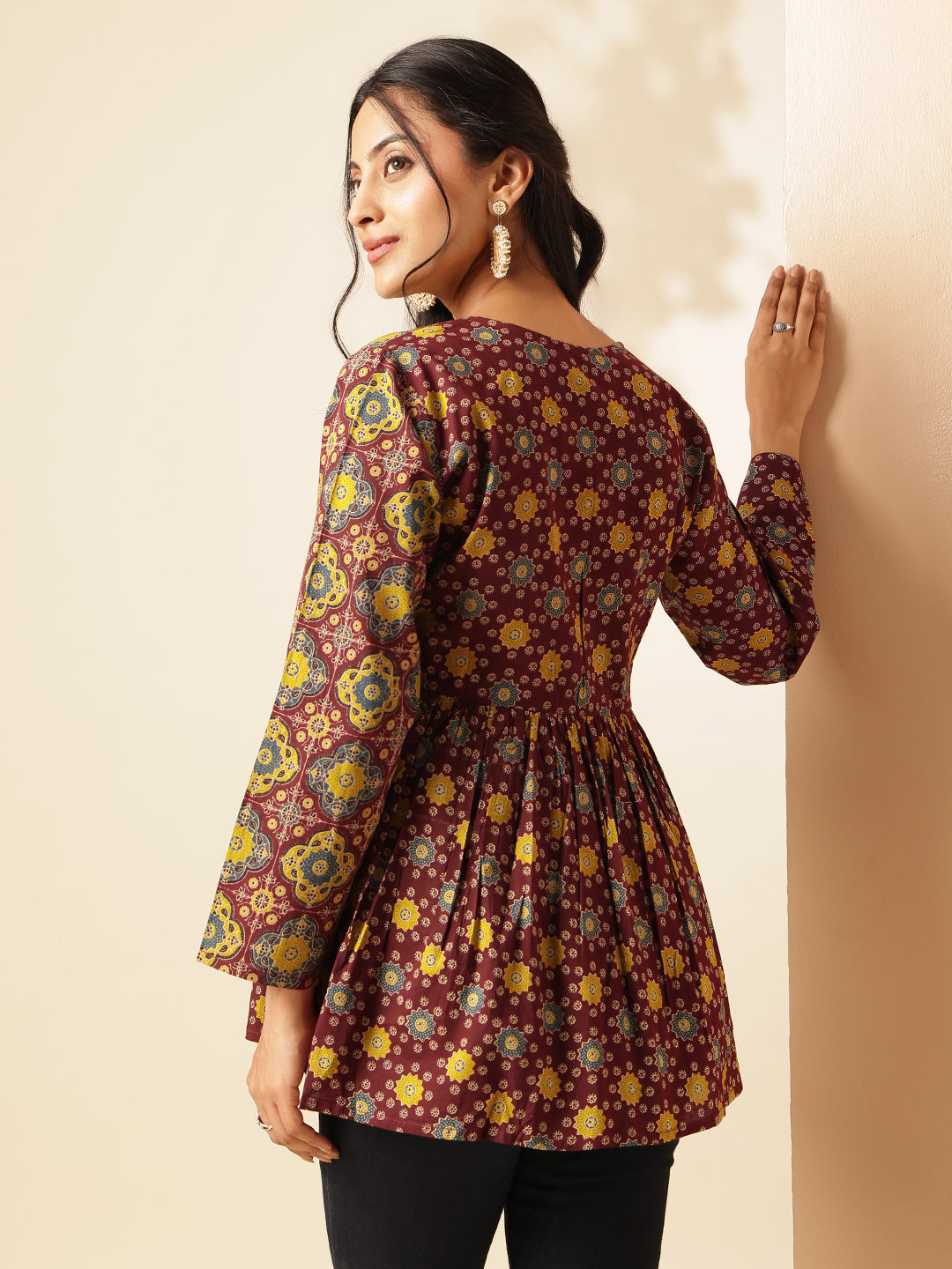 Maroon Geometric Print Flared Cotton Tunic Top