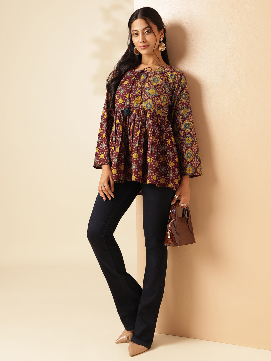 Maroon Geometric Print Flared Cotton Tunic Top