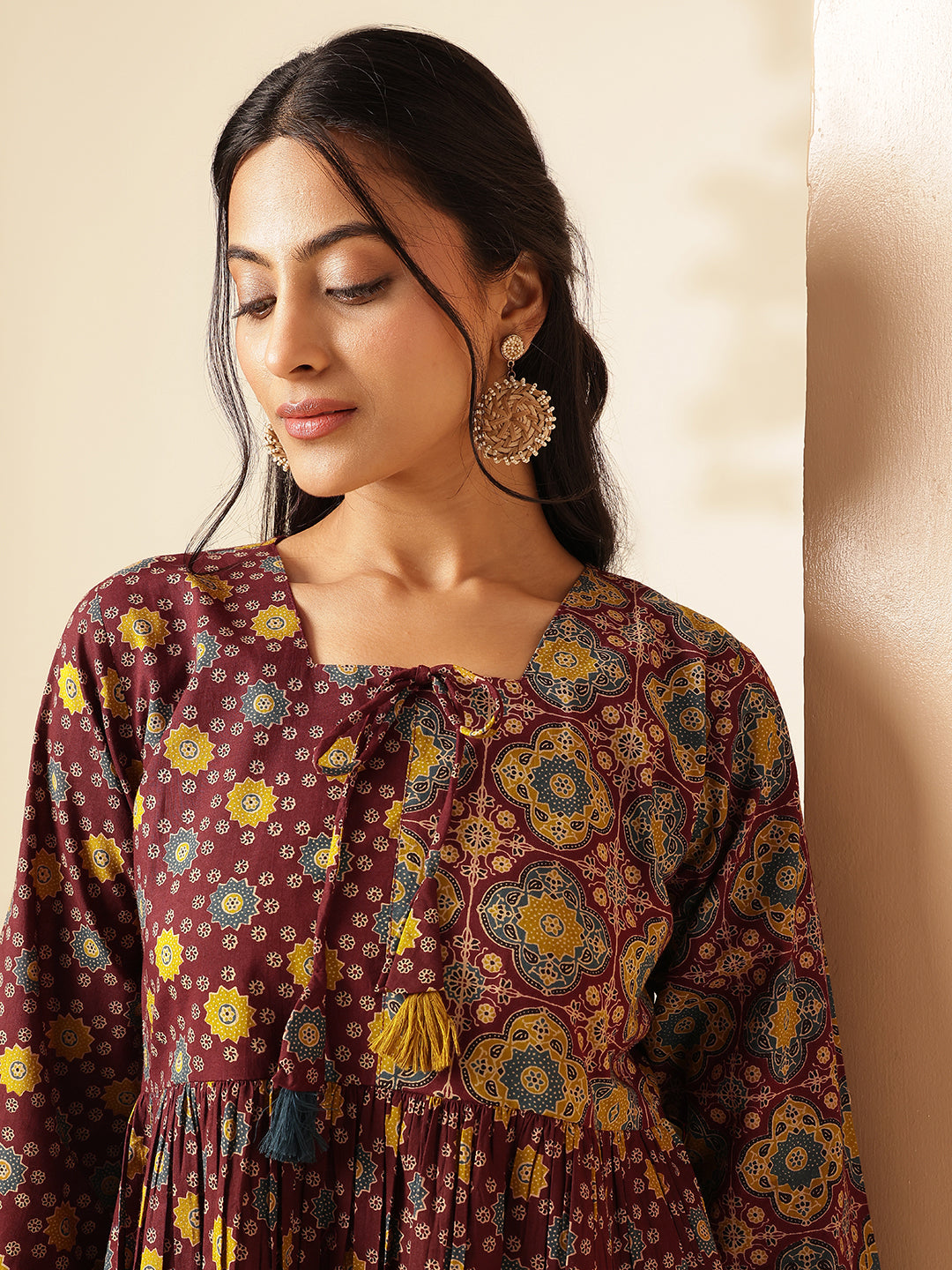 Maroon Geometric Print Flared Cotton Tunic Top