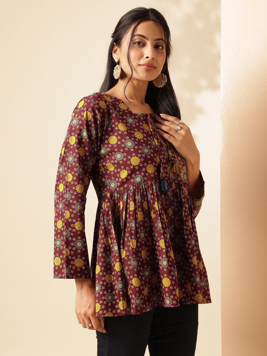 Maroon Geometric Print Flared Cotton Tunic Top