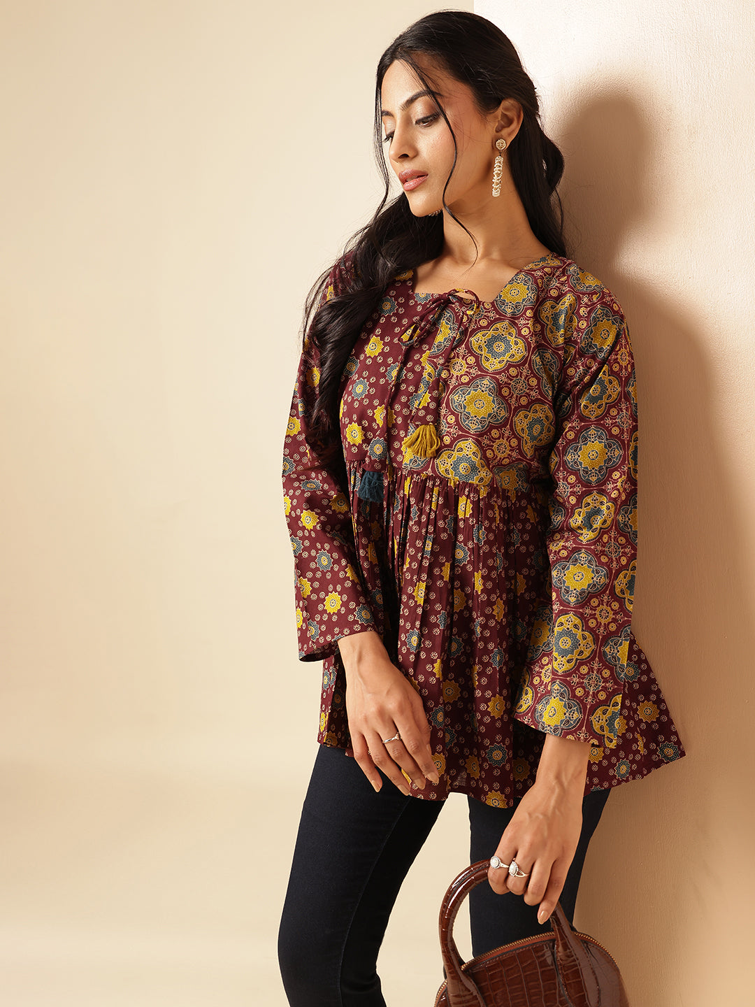 Maroon Geometric Print Flared Cotton Tunic Top