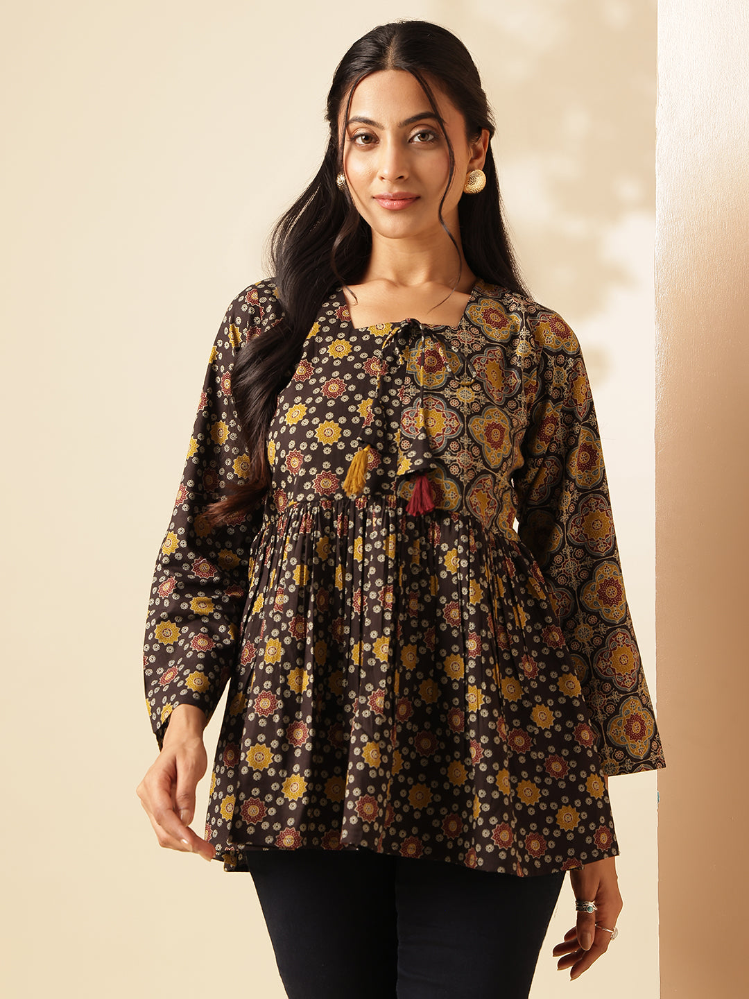 Black Geometric Print Flared Cotton Tunic Top