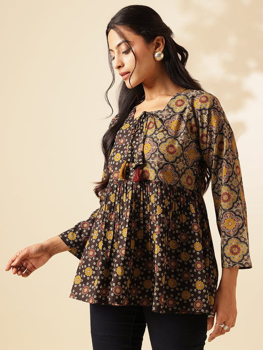 Black Geometric Print Flared Cotton Tunic Top