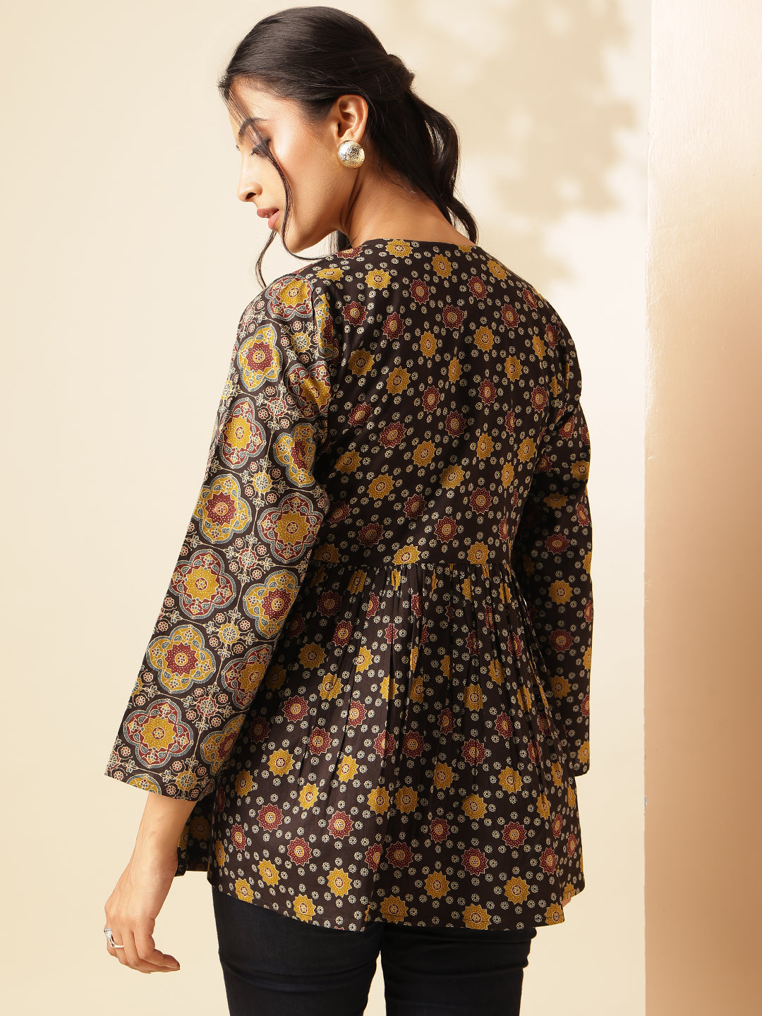 Black Geometric Print Flared Cotton Tunic Top