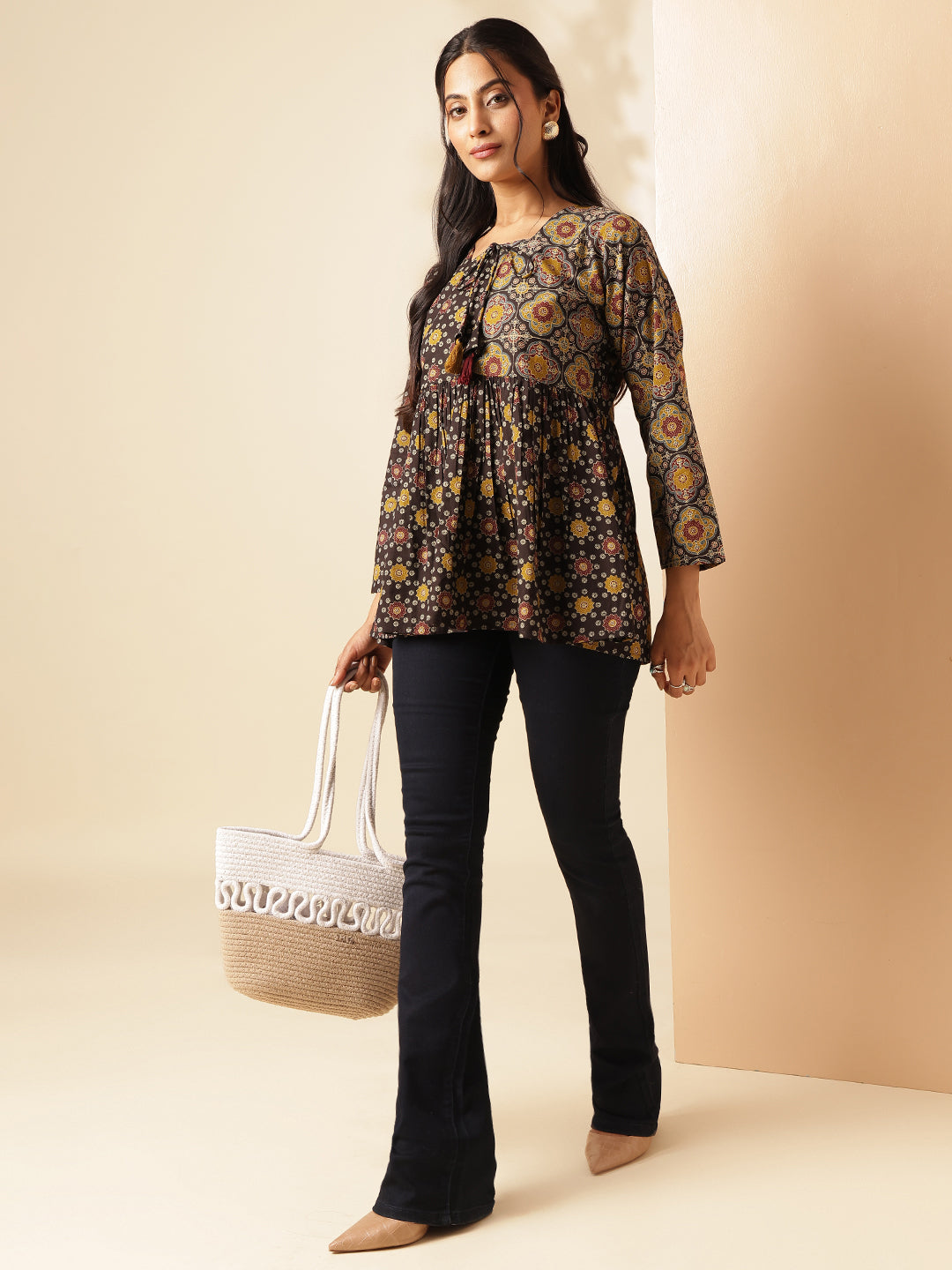 Black Geometric Print Flared Cotton Tunic Top