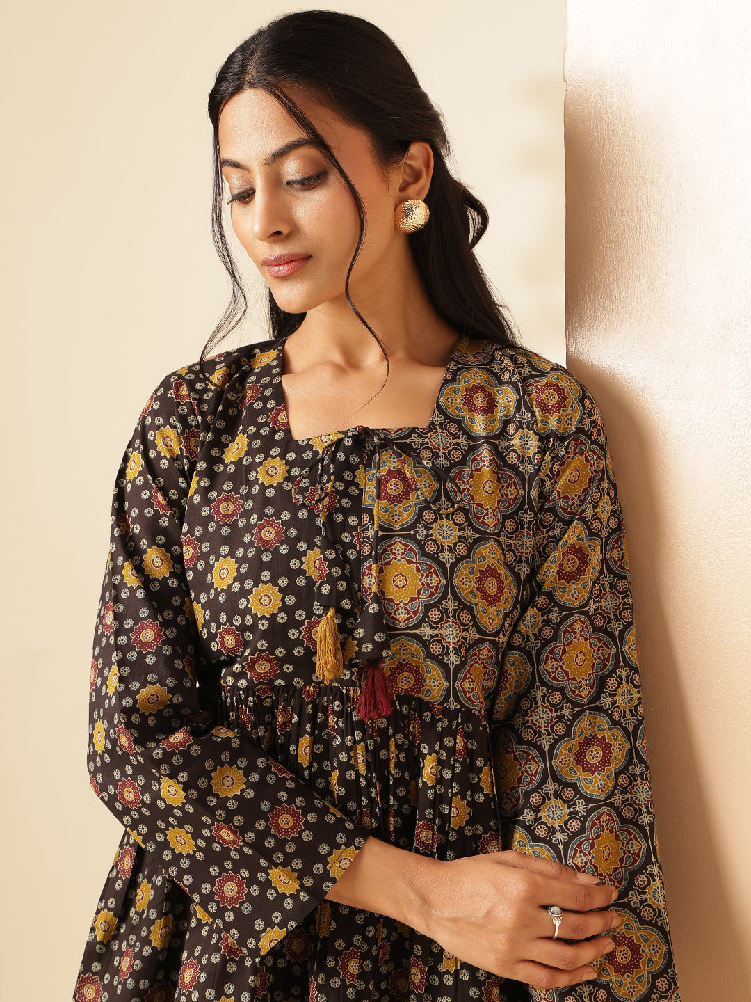 Black Geometric Print Flared Cotton Tunic Top