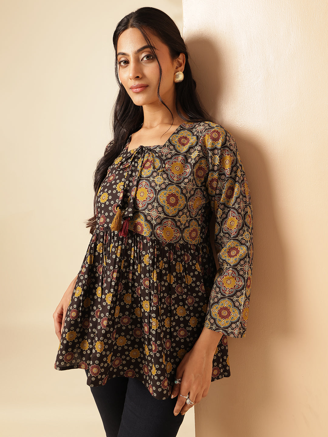 Black Geometric Print Flared Cotton Tunic Top