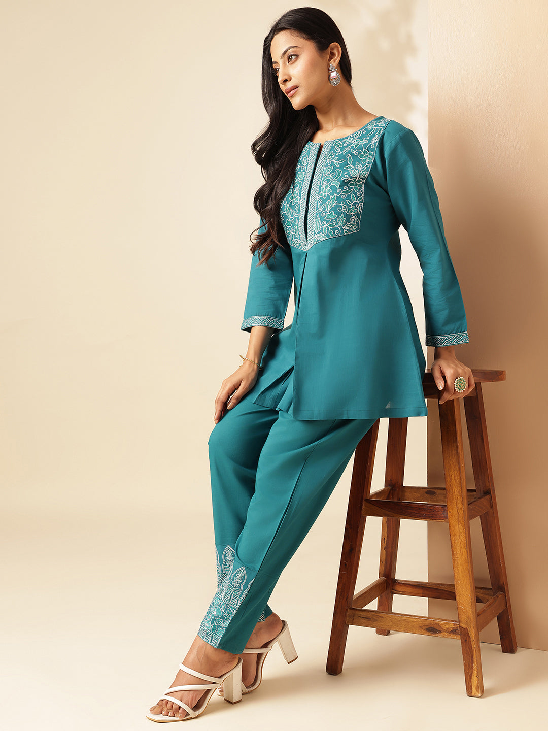 Teal Cotton Solid A-Line Co-Ord Set