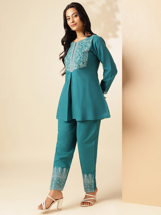 Teal Cotton Solid A-Line Co-Ord Set