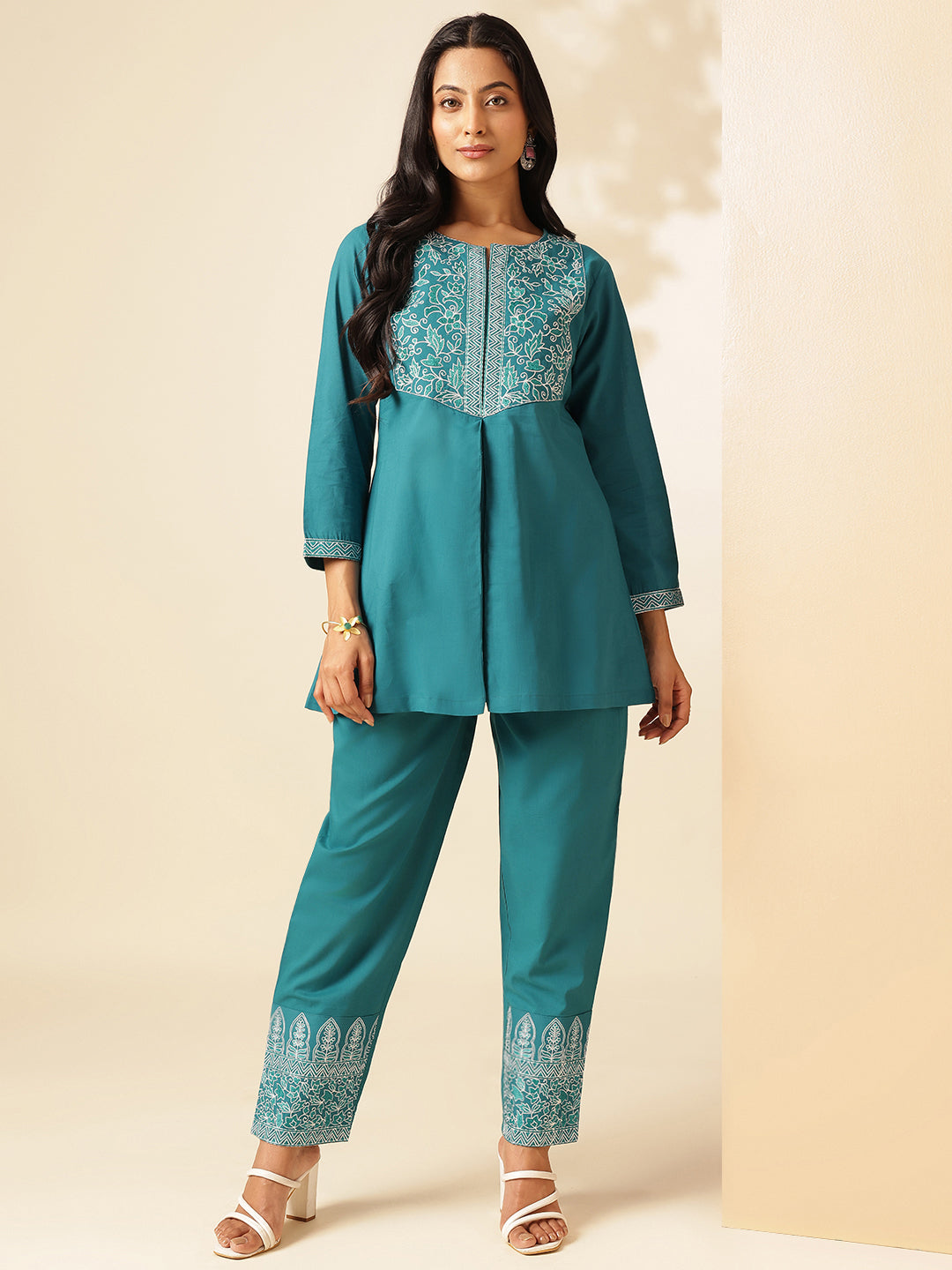 Teal Cotton Solid A-Line Co-Ord Set