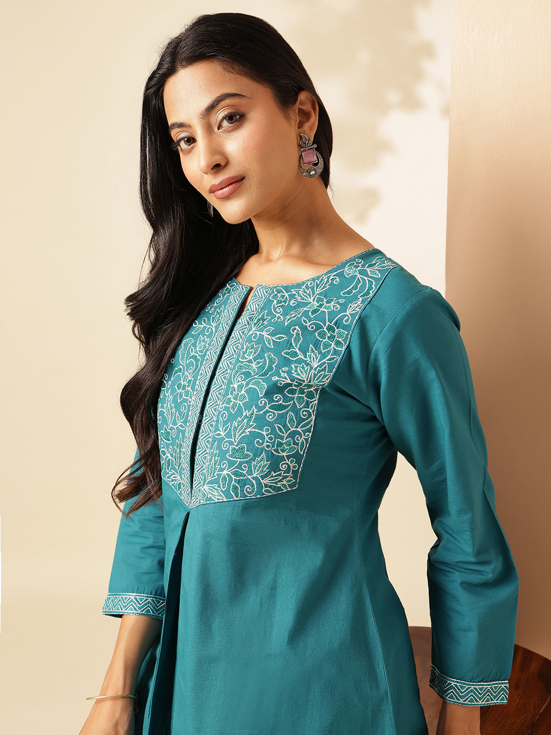 Teal Cotton Solid A-Line Co-Ord Set