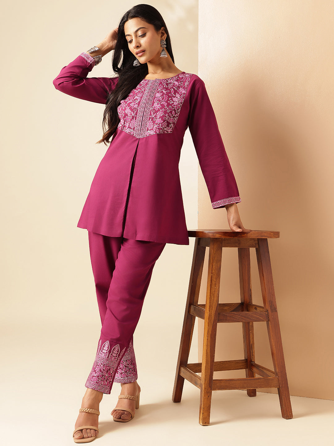 Pink Cotton Solid A-Line Co-Ord Set