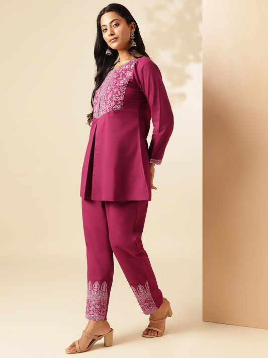 Pink Cotton Solid A-Line Co-Ord Set