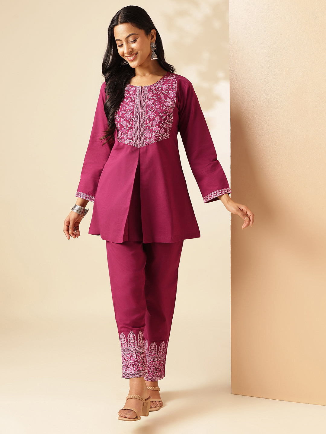 Pink Cotton Solid A-Line Co-Ord Set