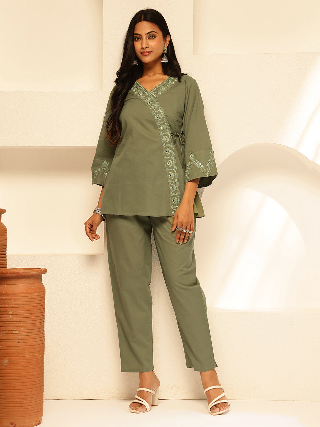 Pista Green Cotton Solid Angrakha Co-Ord Set