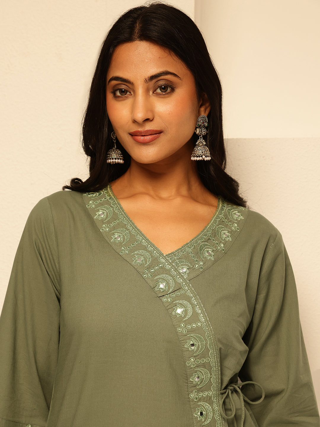 Pista Green Cotton Solid Angrakha Co-Ord Set