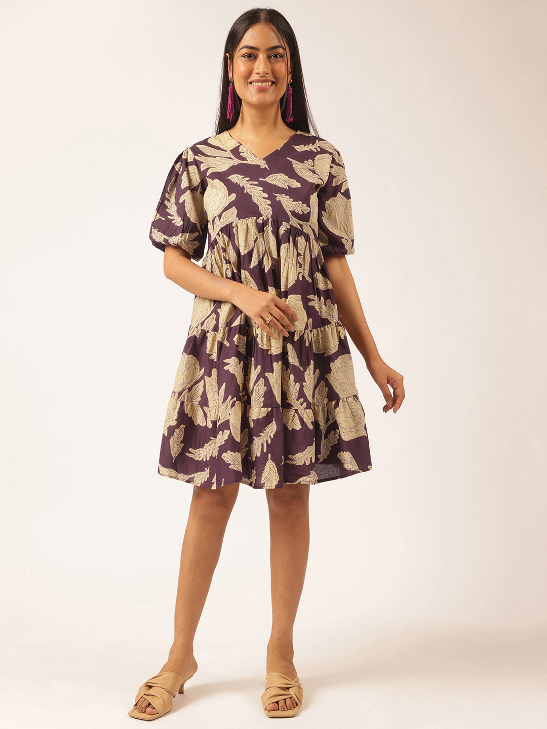 Purple Floral Printed Alia Cut Cotton Stitched Dress