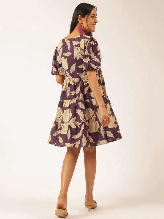 Purple Floral Printed Alia Cut Cotton Stitched Dress