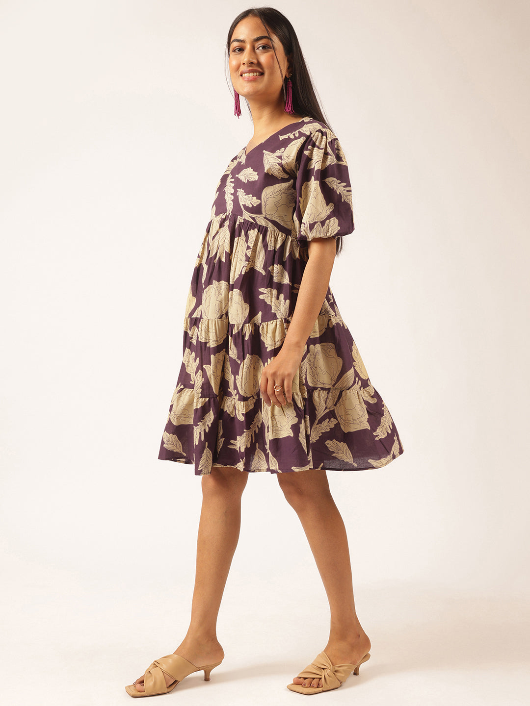 Purple Floral Printed Alia Cut Cotton Stitched Dress