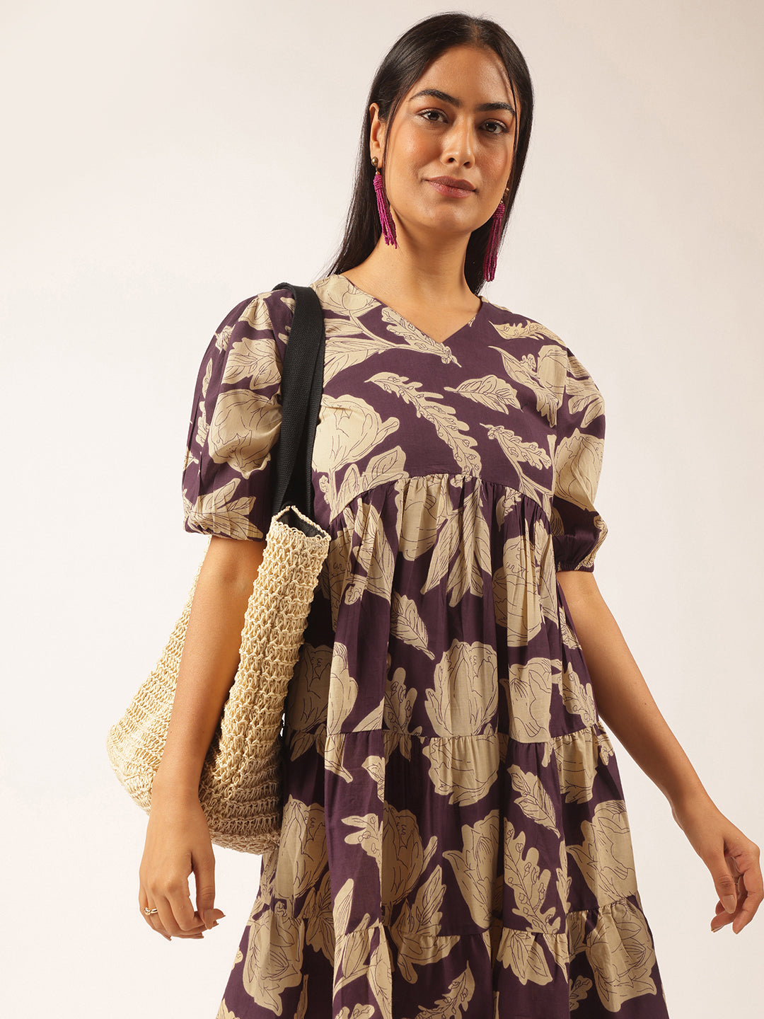 Purple Floral Printed Alia Cut Cotton Stitched Dress