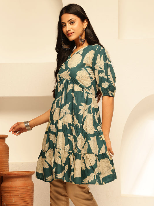Teal Floral Printed Alia Cut Cotton Tunic Top