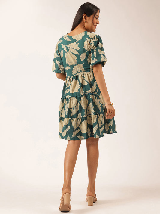 Teal Floral Printed Alia Cut Cotton Stitched Dress