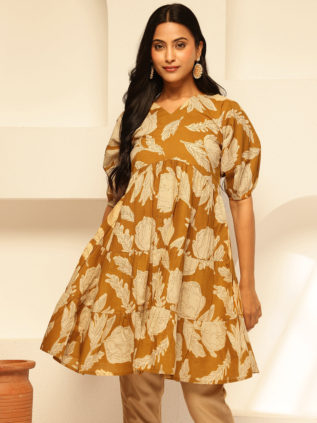 Mustard Floral Printed Alia Cut Cotton Tunic Top