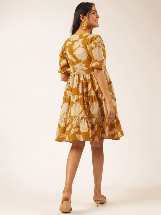 Mustard Floral Printed Alia Cut Cotton Stitched Dress